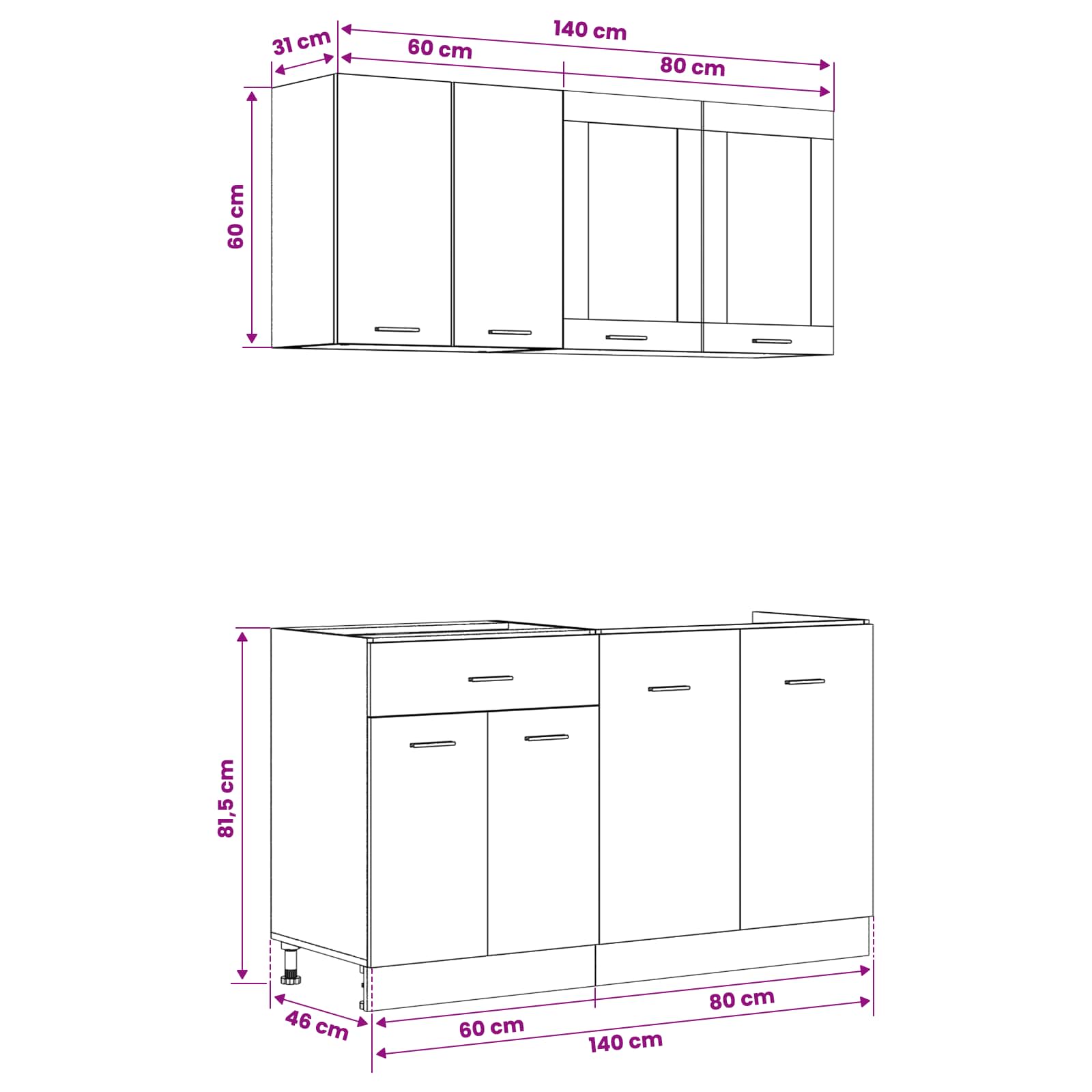 Keuken Eenheid LYON 4 pcs Zwart eiken Bewerkt hout is nu te koop bij PeponiXL, paradijselijk wonen!