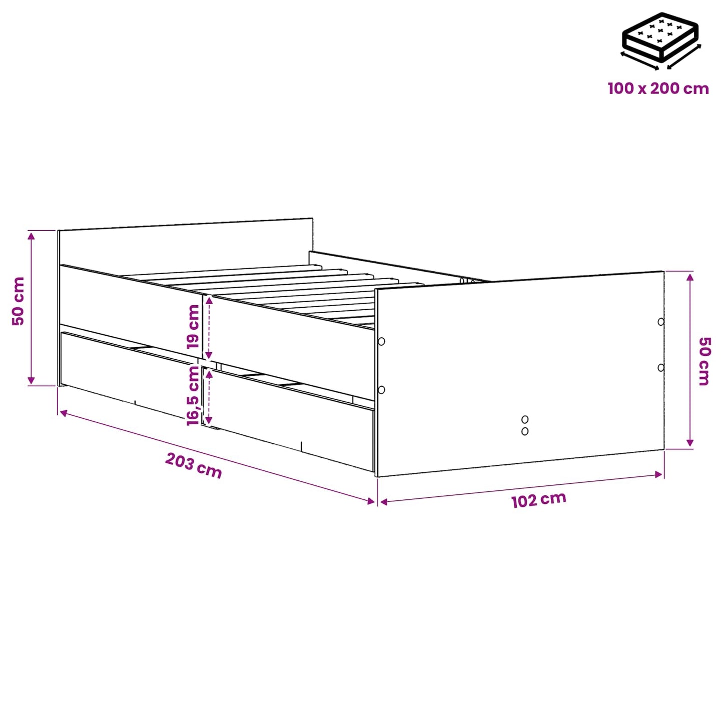 Bedframe Artisanaal eiken 100 x 200 cm Bewerkt hout