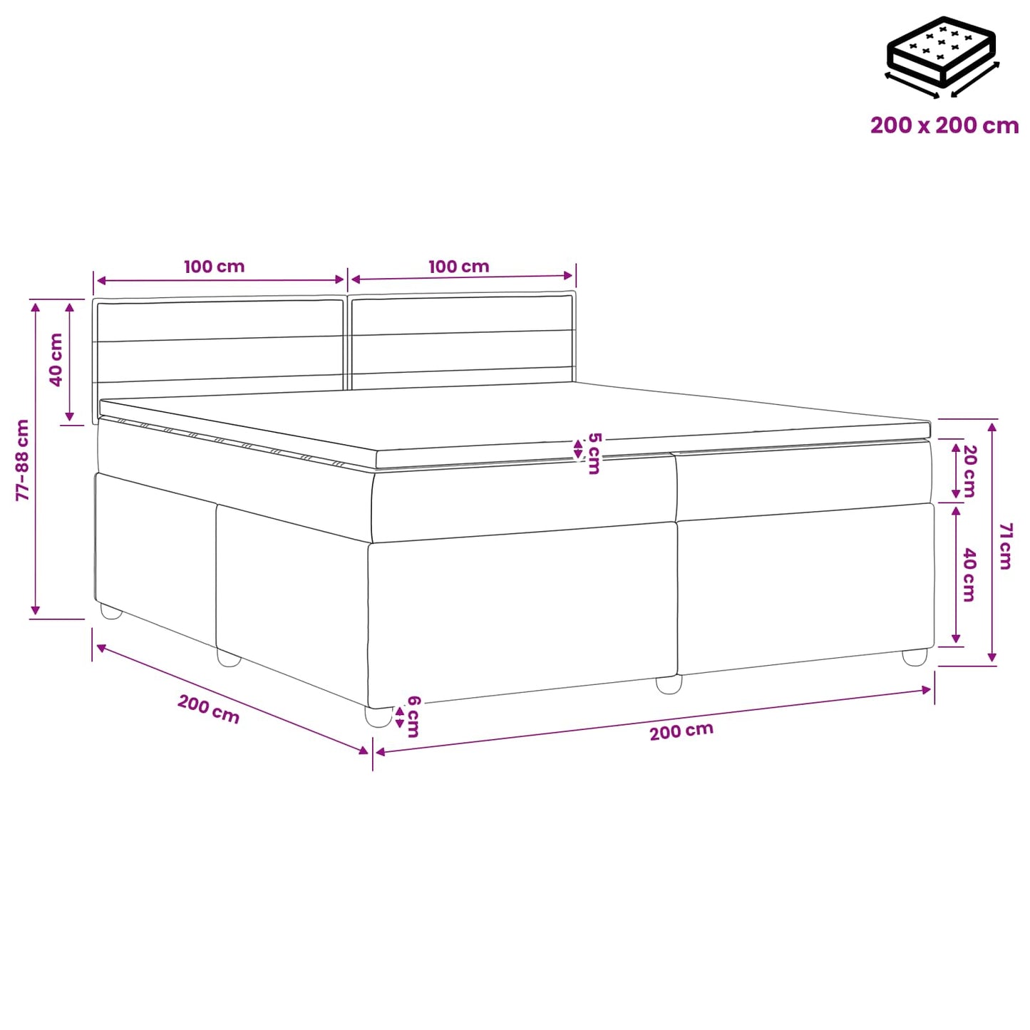 Boxspringbed met matras Lichtgrijs 200 x 200 cm Stof