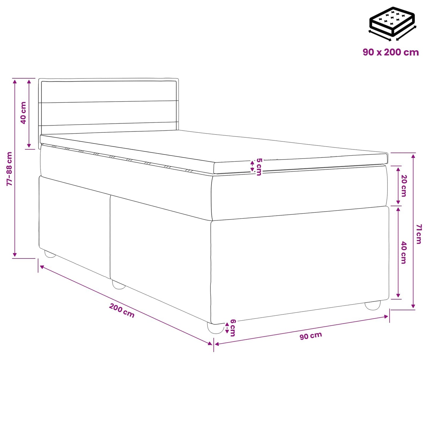 Boxspringbed met matras Donkergrijs 90 x 200 cm Stof