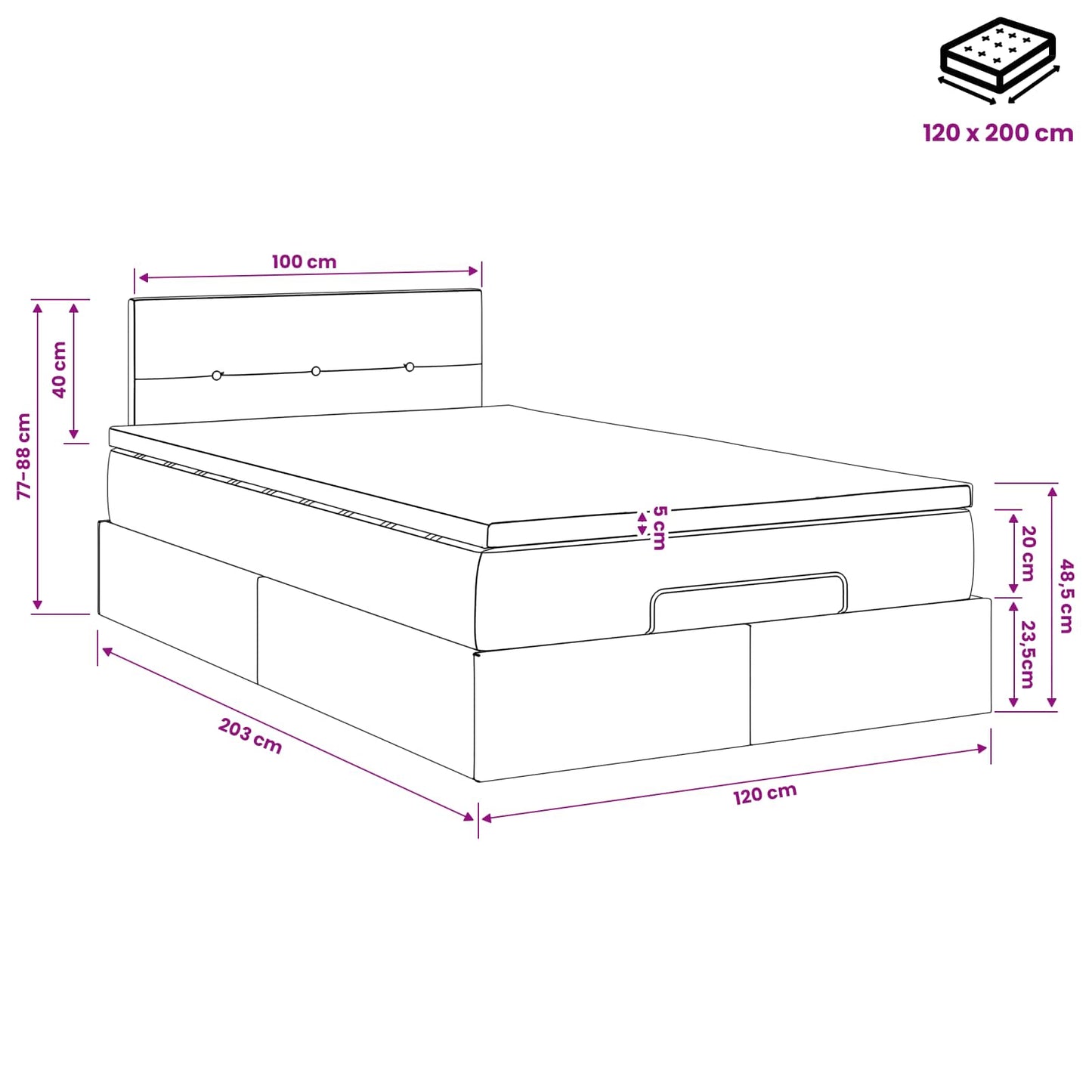 Ottoman bed met matras met hoofdeinde Zwart 120 x 200 cm Stof