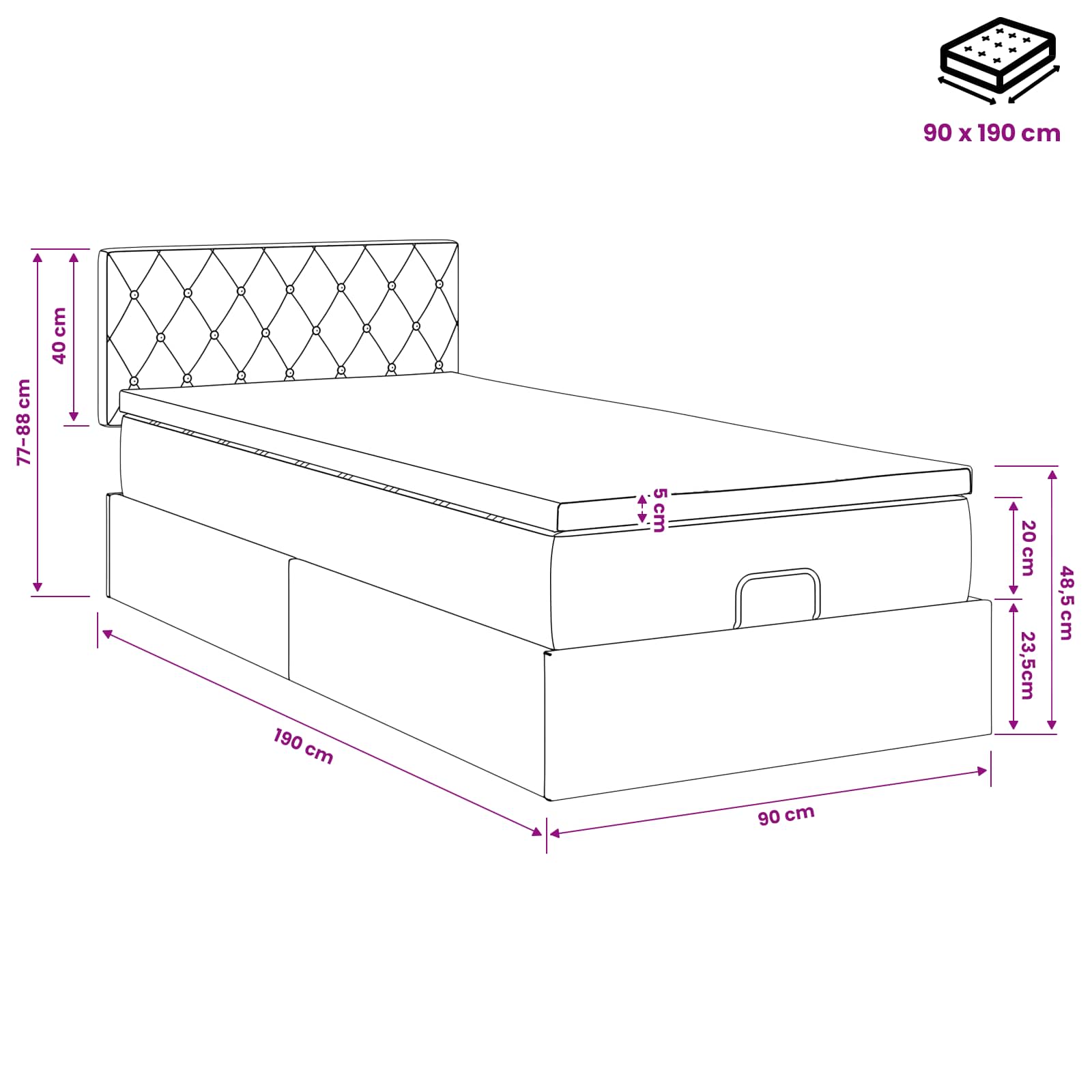Ottoman bed met matras met hoofdeinde Roze 90 x 190 cm Fluweel is nu te koop bij PeponiXL, paradijselijk wonen!