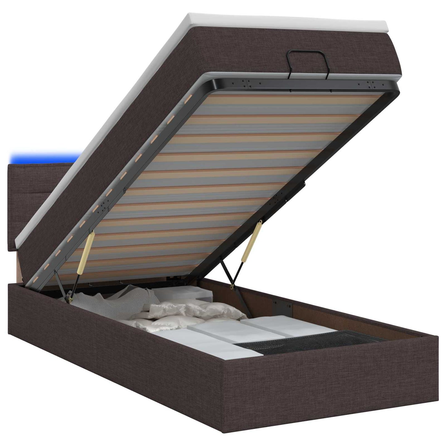 Ottoman Bed met Matrassen en LED Donkerbruin 90 x 190 cm Stof is nu te koop bij PeponiXL, paradijselijk wonen!