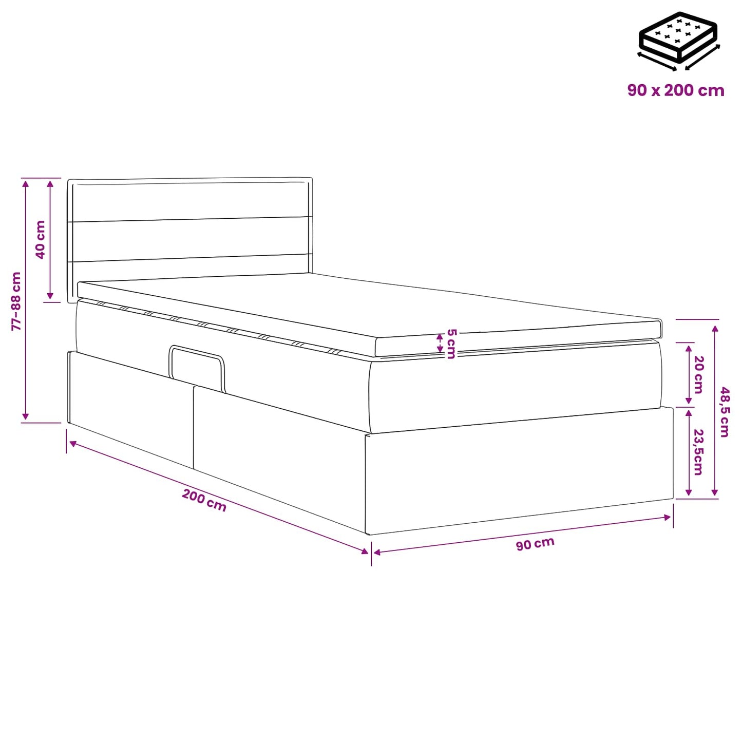 Opbergbed met matras Crèmekleurig 90 x 200 cm Bewerkt hout