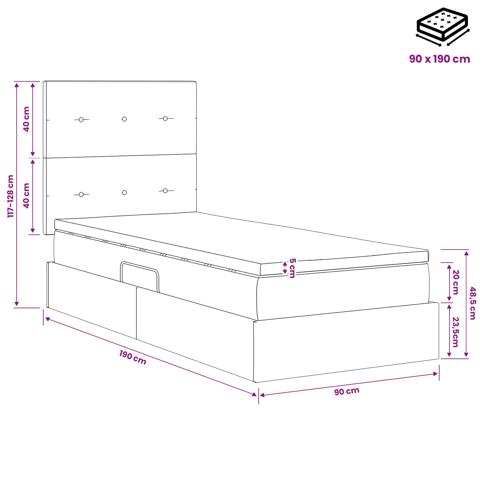 Opslag bed met matras met hoofdeinde Zwart 90 x 190 cm Stof is nu te koop bij PeponiXL, paradijselijk wonen!