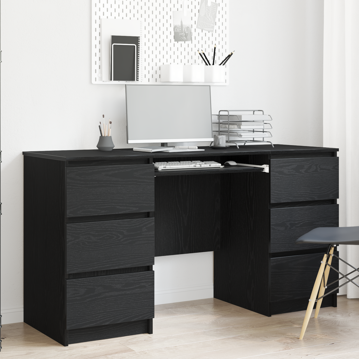 Bureau met lade Zwart Eiken 140 x 50 x 76 cm Bewerkt hout is nu te koop bij PeponiXL, paradijselijk wonen!