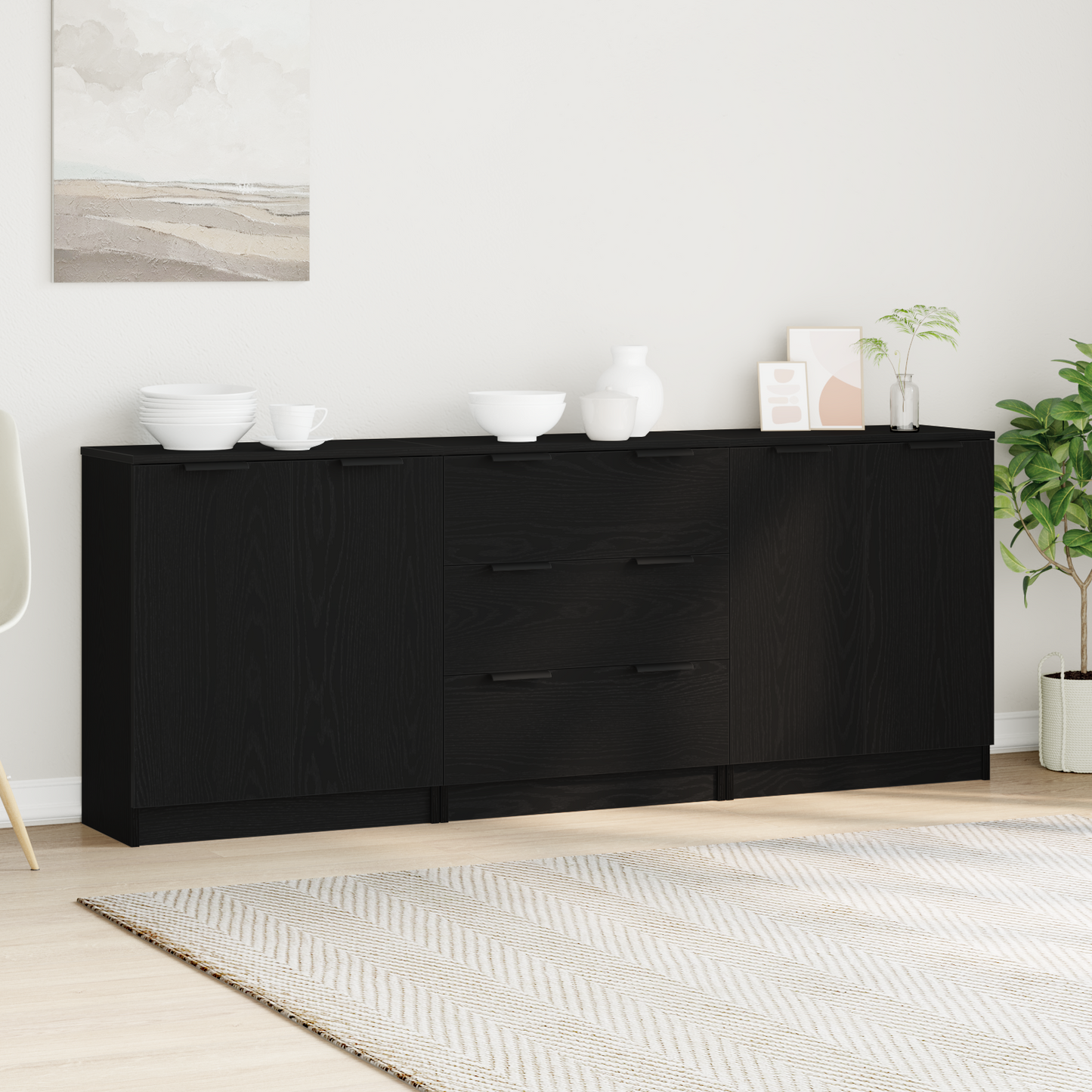 Dressoir 3 pcs Zwart Eiken 180 x 30 x 70 cm Bewerkt hout is nu te koop bij PeponiXL, paradijselijk wonen!