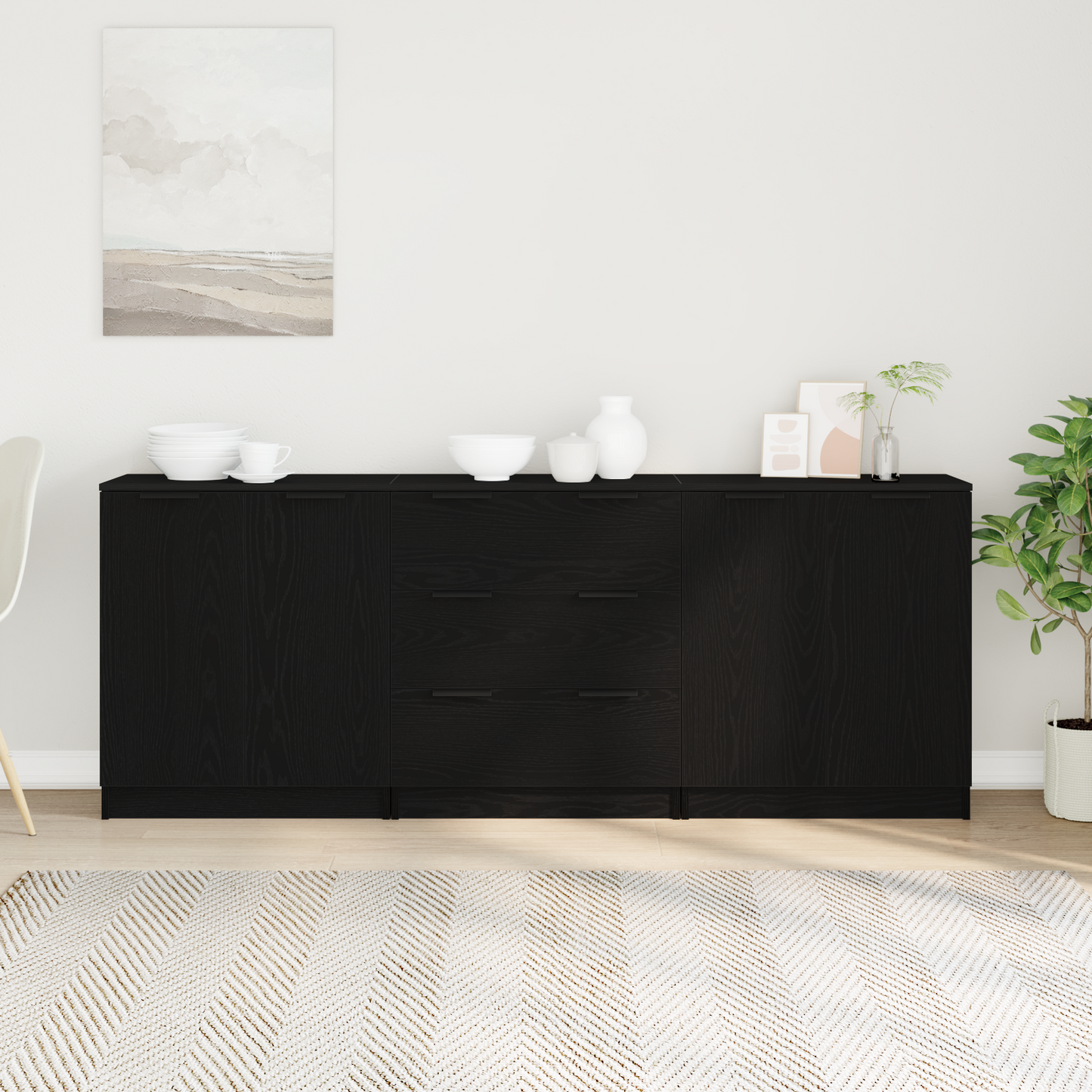 Dressoir 3 pcs Zwart Eiken 180 x 30 x 70 cm Bewerkt hout is nu te koop bij PeponiXL, paradijselijk wonen!
