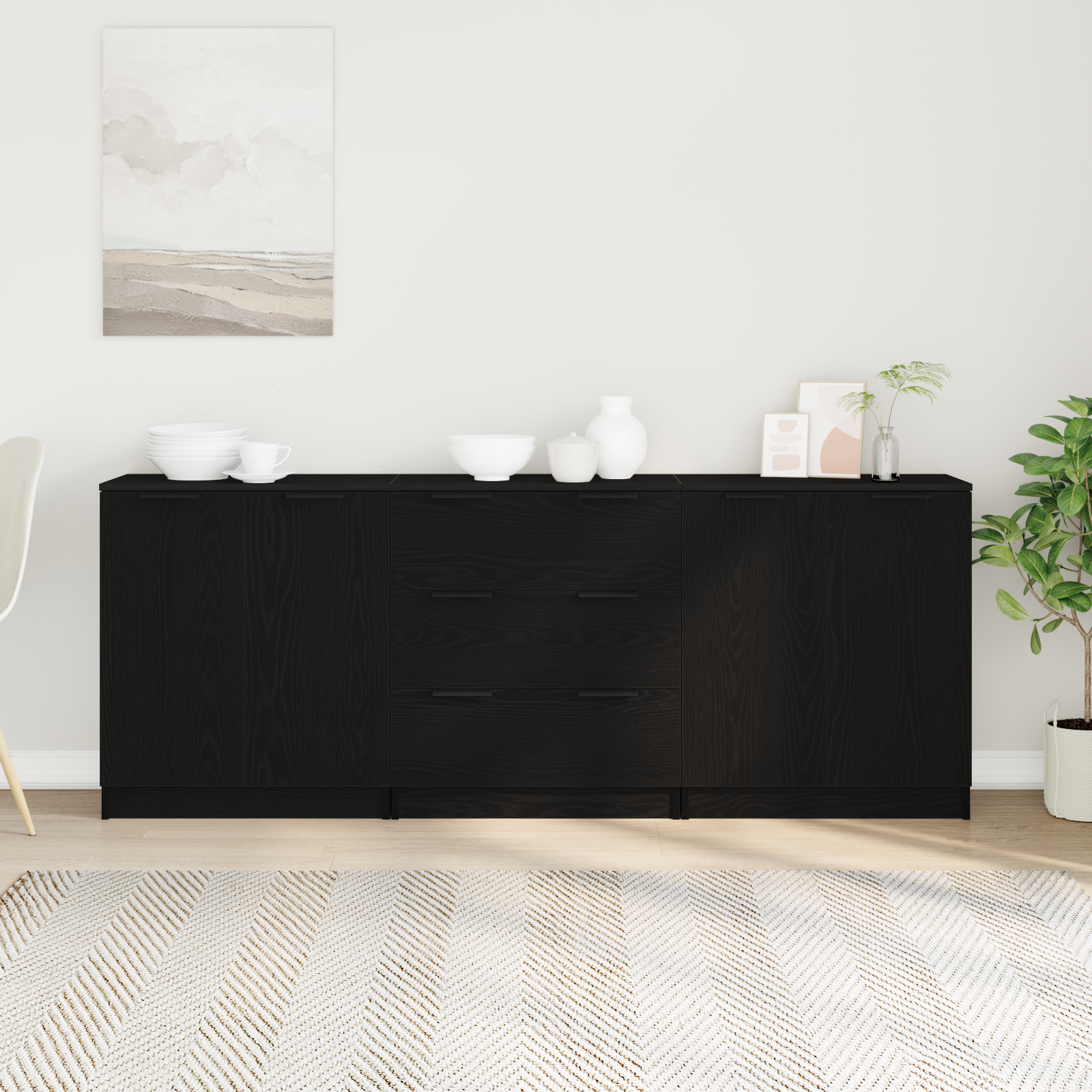 Dressoir 3 pcs Zwart Eiken 180 x 30 x 70 cm Bewerkt hout is nu te koop bij PeponiXL, paradijselijk wonen!