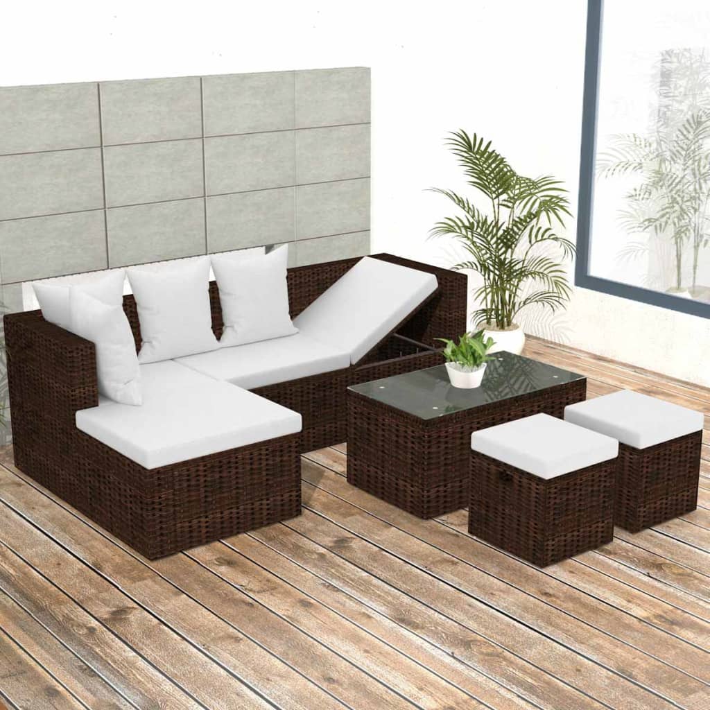 4-delige Loungeset met kussens poly rattan bruin is nu te koop bij PeponiXL, paradijselijk wonen!