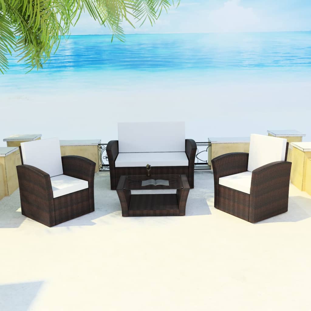 4-delige Loungeset met kussens poly rattan bruin is nu te koop bij PeponiXL, paradijselijk wonen!