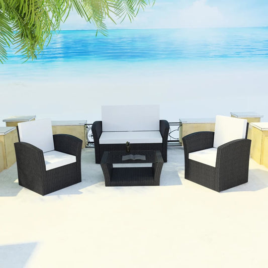4-delige Loungeset met kussens poly rattan zwart is nu te koop bij PeponiXL, paradijselijk wonen!