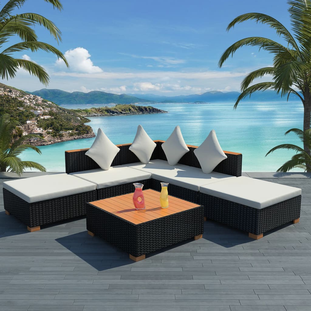 6-delige Loungeset met kussens poly rattan zwart is nu te koop bij PeponiXL, paradijselijk wonen!