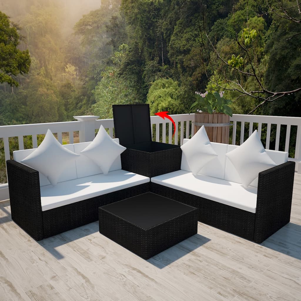 4-delige Loungeset met kussens poly rattan zwart is nu te koop bij PeponiXL, paradijselijk wonen!