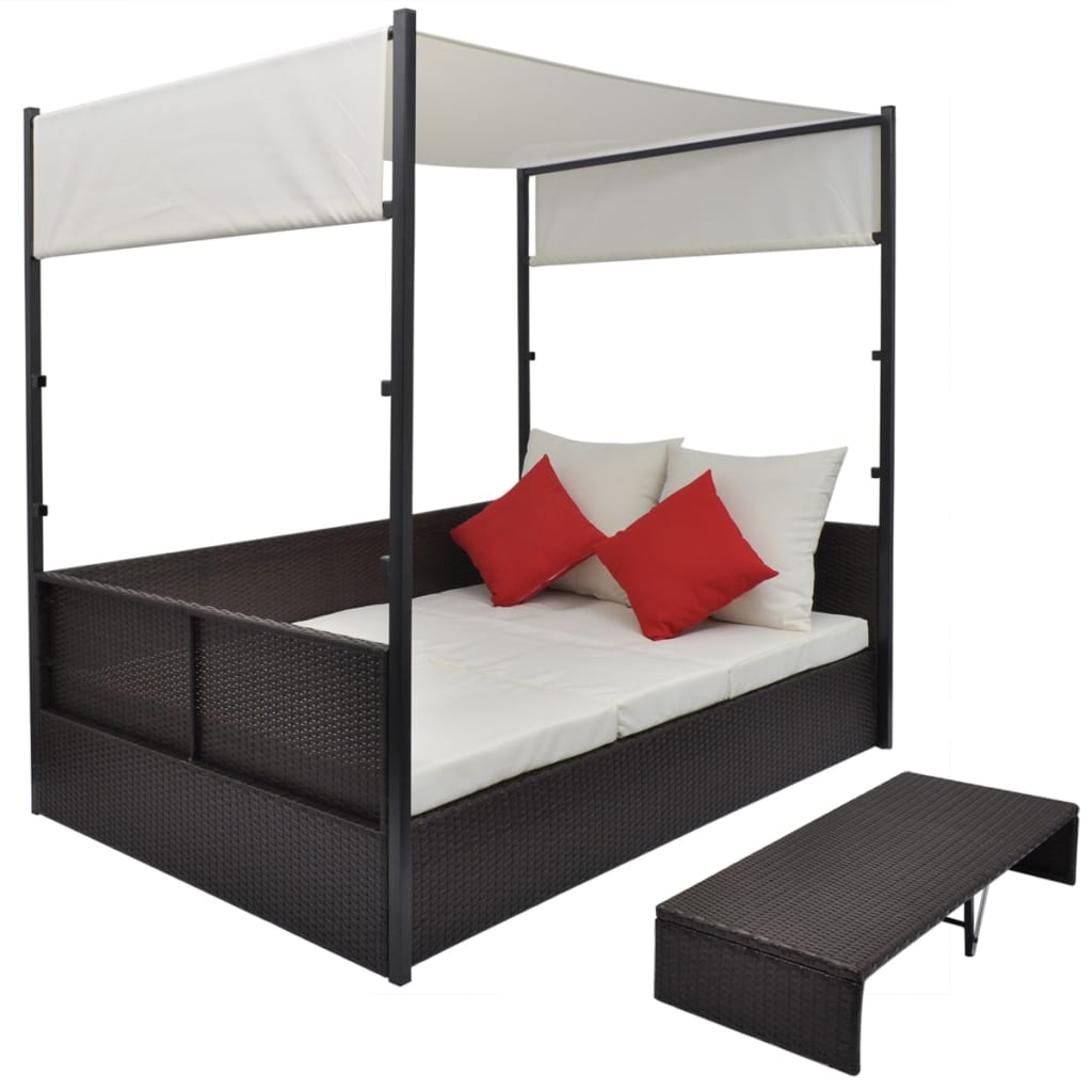 Tuinbed met luifel 190x130 cm poly rattan bruin is nu te koop bij PeponiXL, paradijselijk wonen!
