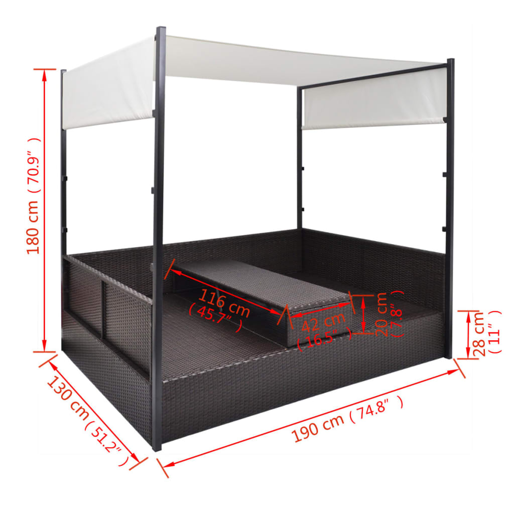 Tuinbed met luifel 190x130 cm poly rattan bruin is nu te koop bij PeponiXL, paradijselijk wonen!