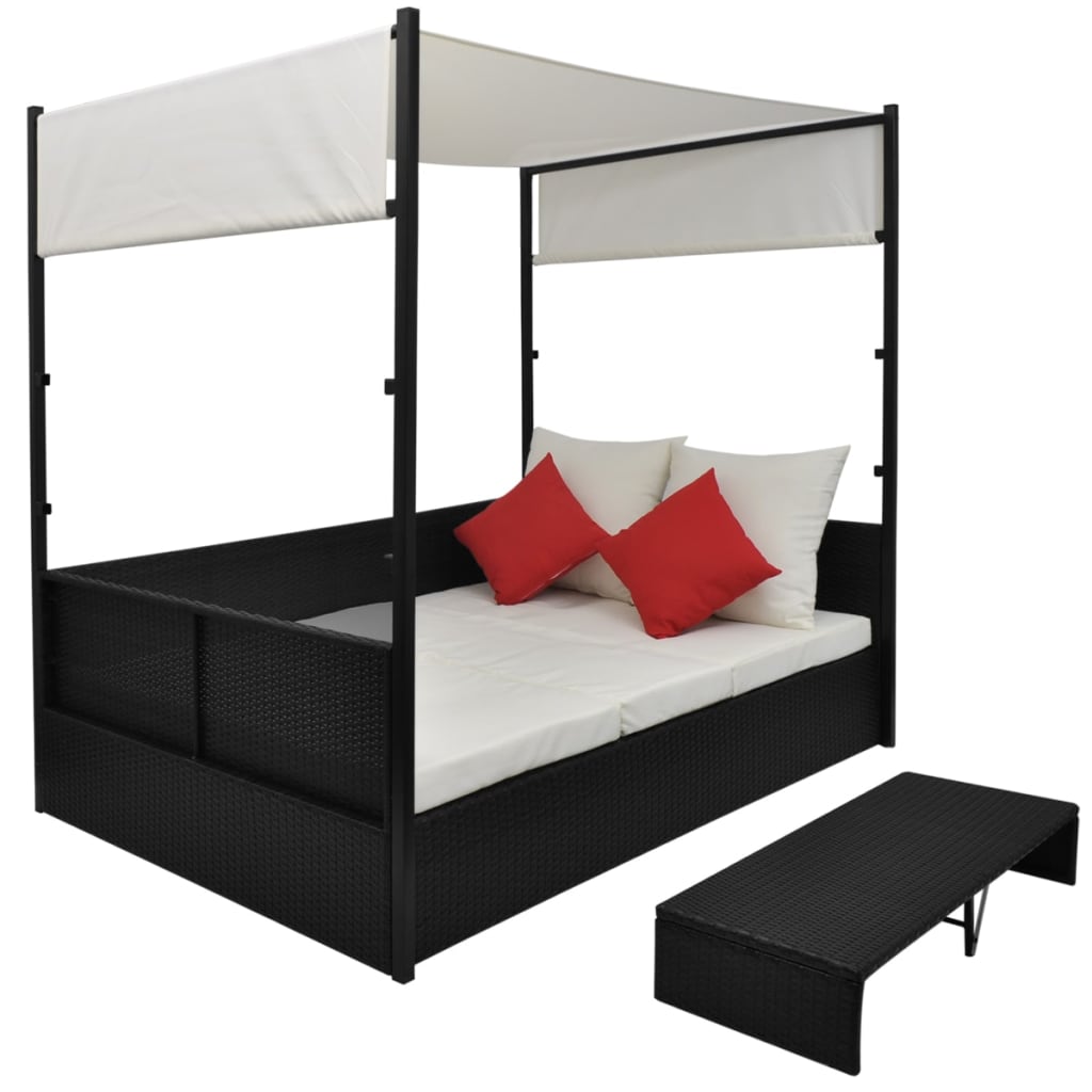 Tuinbed met luifel 190x130 cm poly rattan zwart is nu te koop bij PeponiXL, paradijselijk wonen!