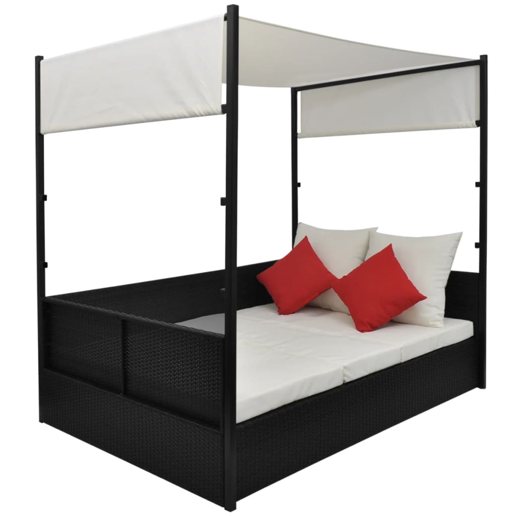 Tuinbed met luifel 190x130 cm poly rattan zwart is nu te koop bij PeponiXL, paradijselijk wonen!