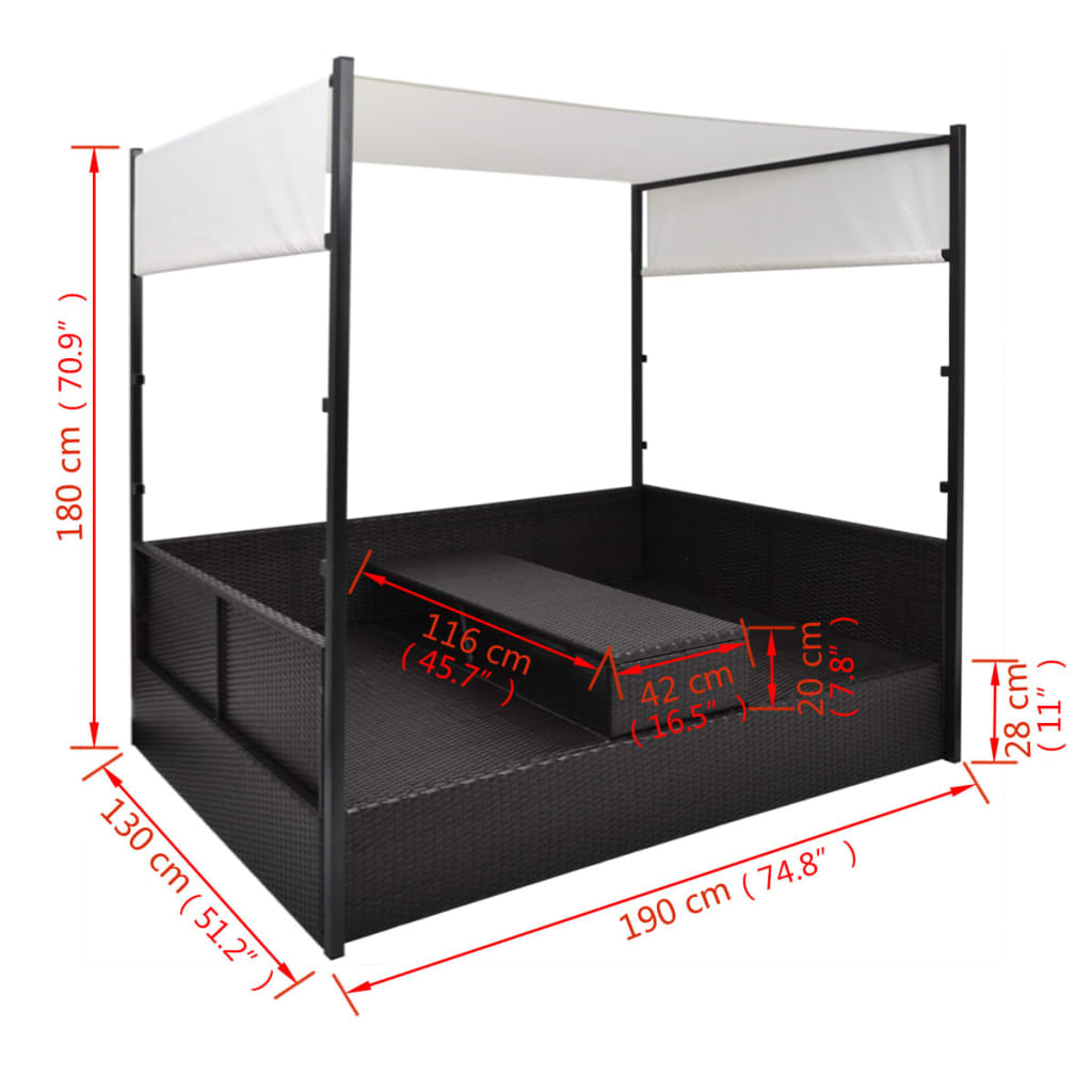 Tuinbed met luifel 190x130 cm poly rattan zwart is nu te koop bij PeponiXL, paradijselijk wonen!
