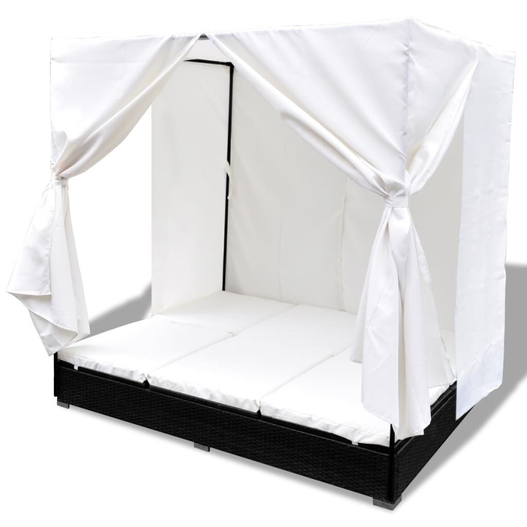 Loungebed met gordijnen poly rattan zwart is nu te koop bij PeponiXL, paradijselijk wonen!