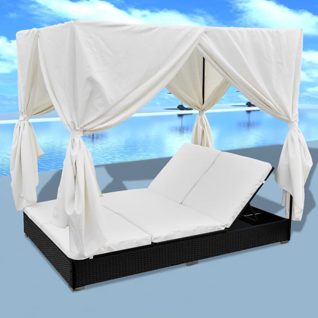 Loungebed met gordijnen poly rattan zwart is nu te koop bij PeponiXL, paradijselijk wonen!
