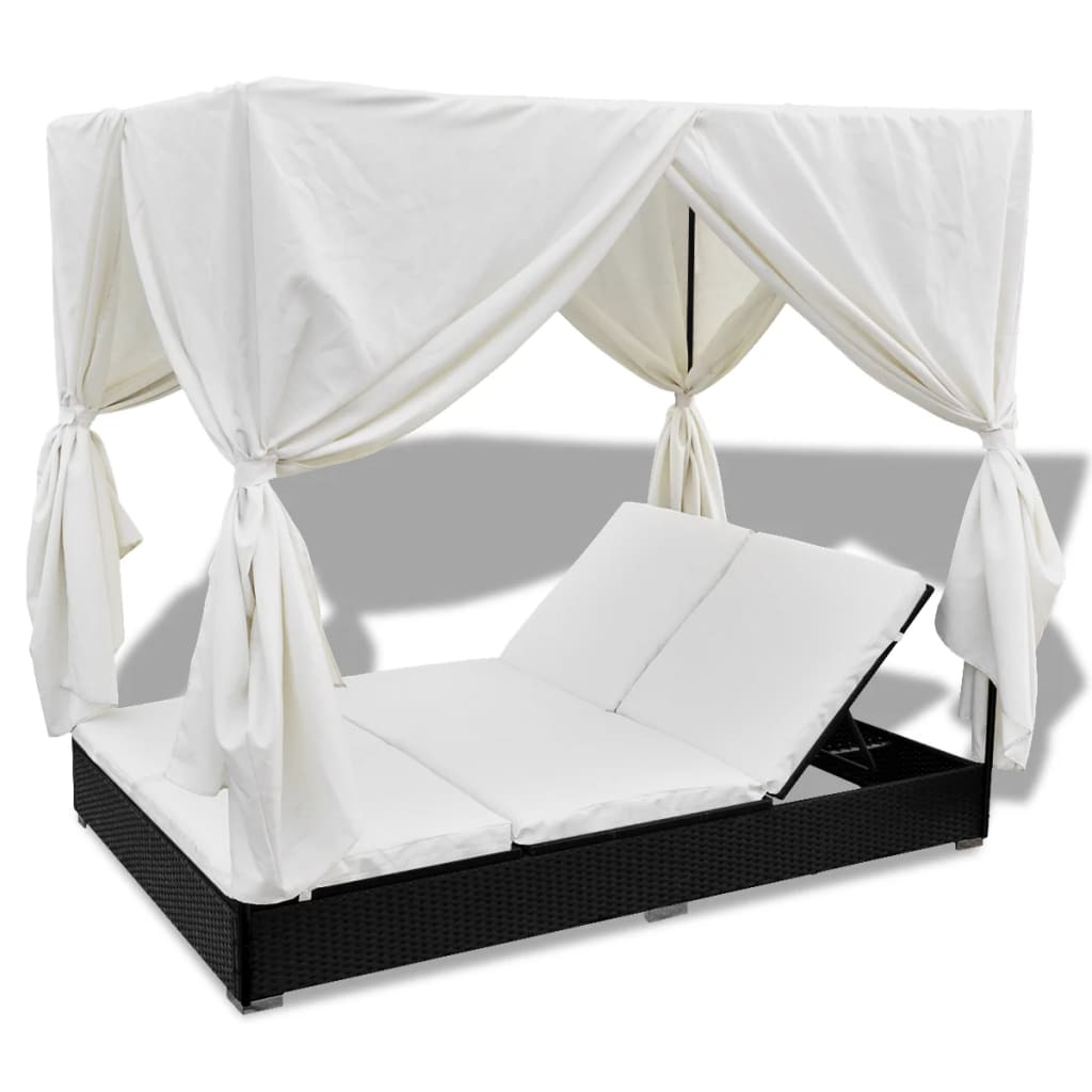 Loungebed met gordijnen poly rattan zwart is nu te koop bij PeponiXL, paradijselijk wonen!