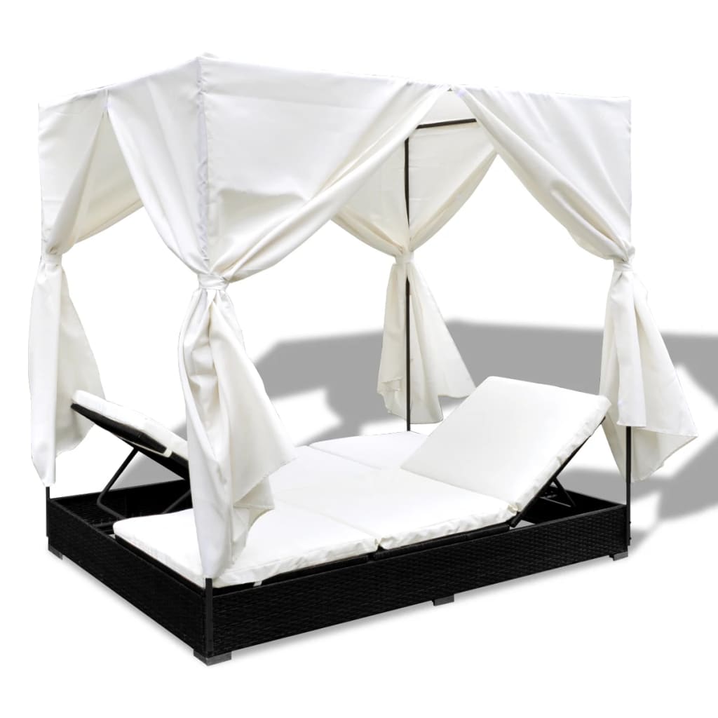Loungebed met gordijnen poly rattan zwart is nu te koop bij PeponiXL, paradijselijk wonen!