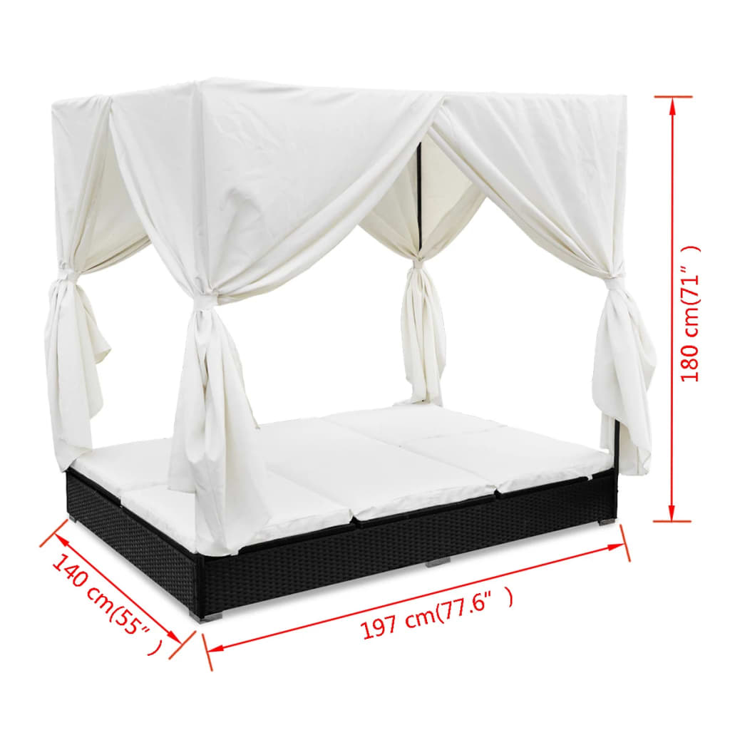 Loungebed met gordijnen poly rattan zwart is nu te koop bij PeponiXL, paradijselijk wonen!