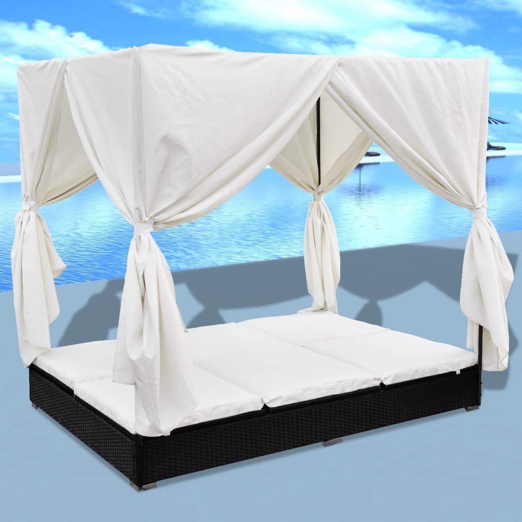 Loungebed met gordijnen poly rattan zwart is nu te koop bij PeponiXL, paradijselijk wonen!