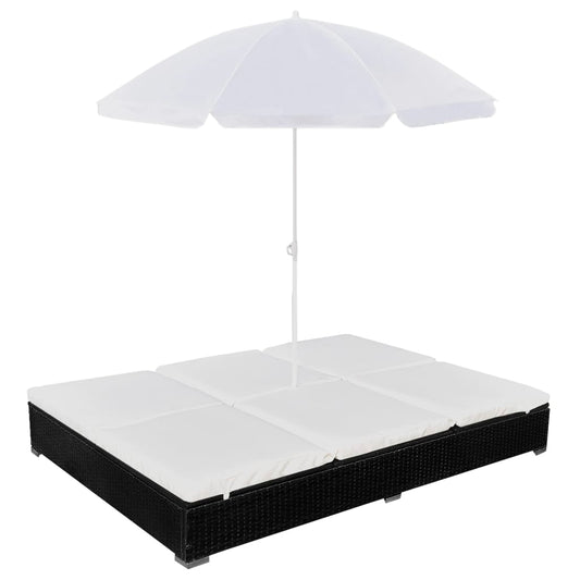 Loungebed met parasol poly rattan zwart is nu te koop bij PeponiXL, paradijselijk wonen!