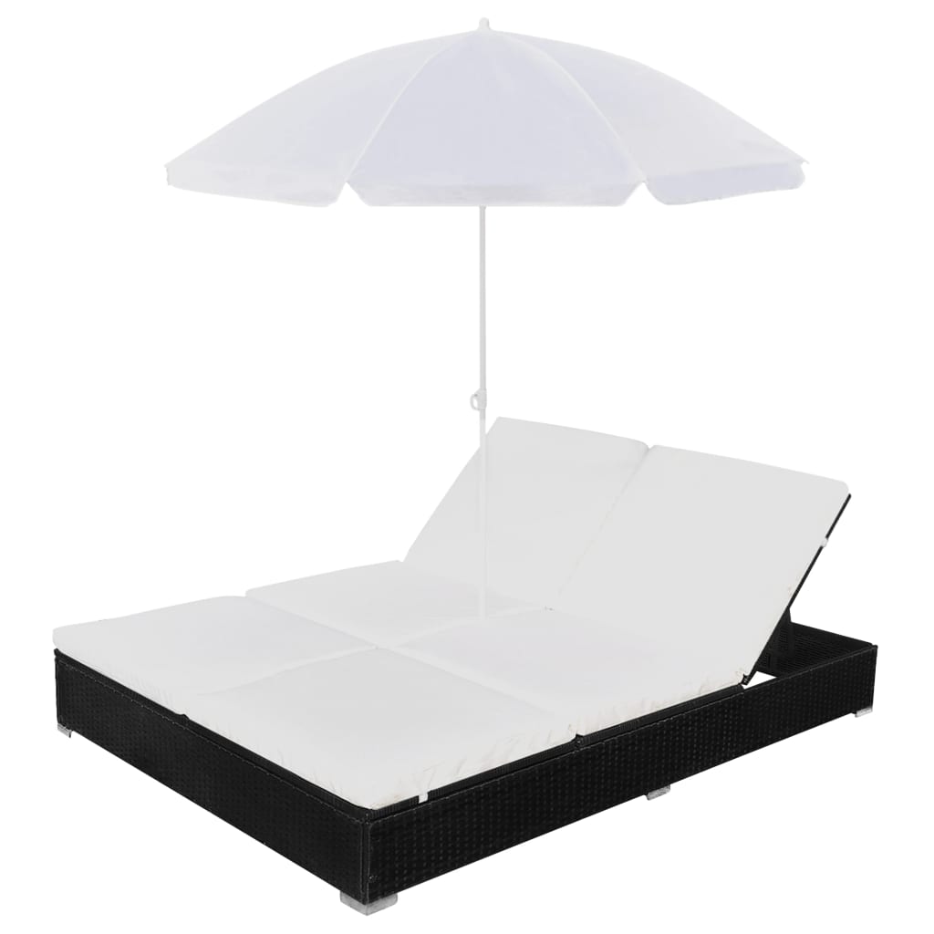 Loungebed met parasol poly rattan zwart is nu te koop bij PeponiXL, paradijselijk wonen!