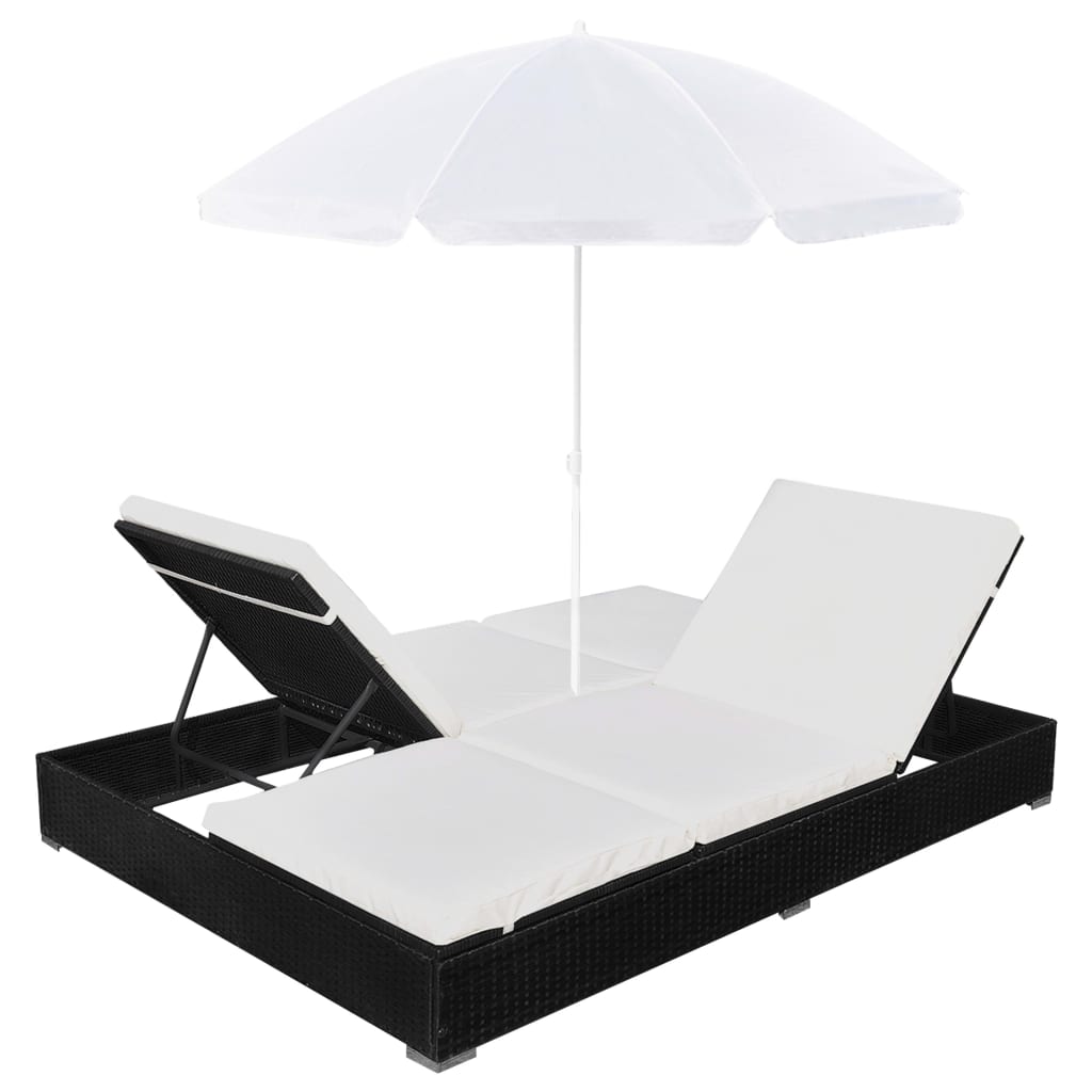 Loungebed met parasol poly rattan zwart is nu te koop bij PeponiXL, paradijselijk wonen!