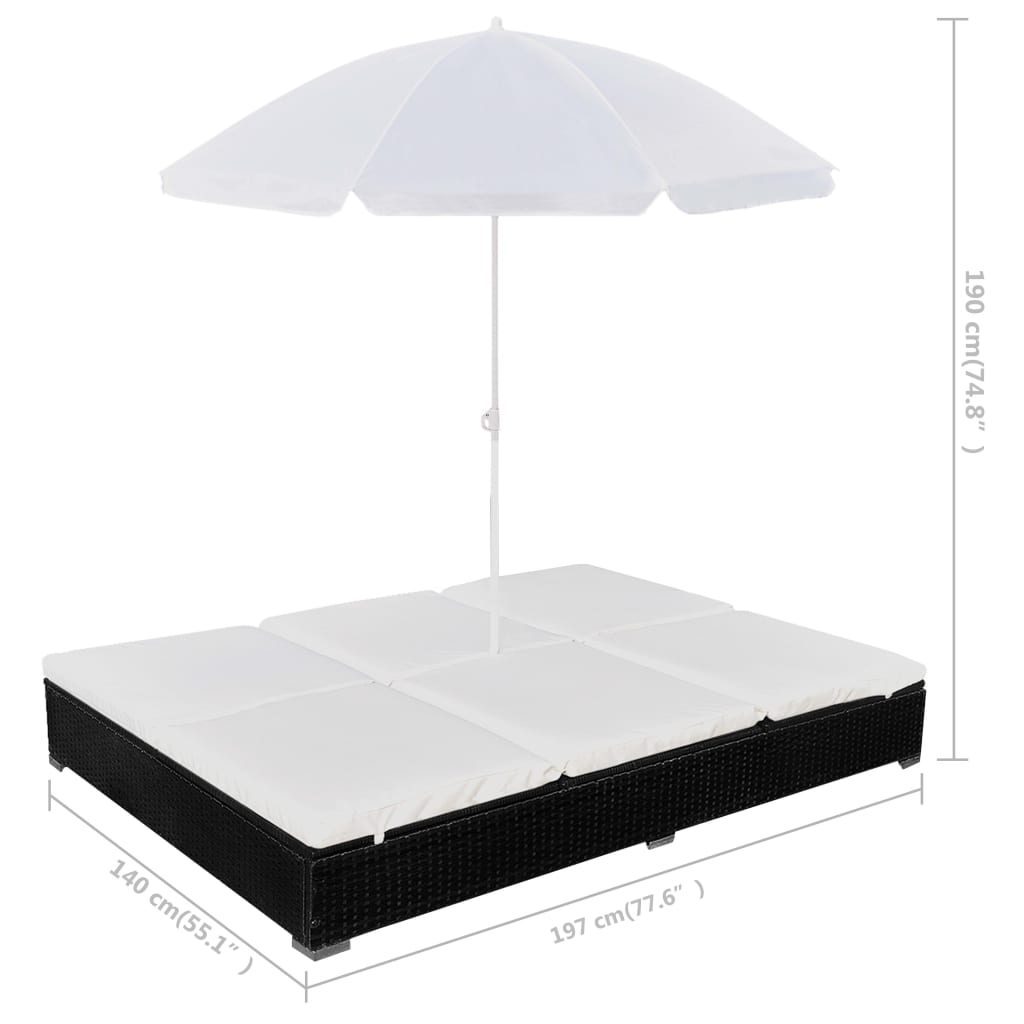 Loungebed met parasol poly rattan zwart is nu te koop bij PeponiXL, paradijselijk wonen!