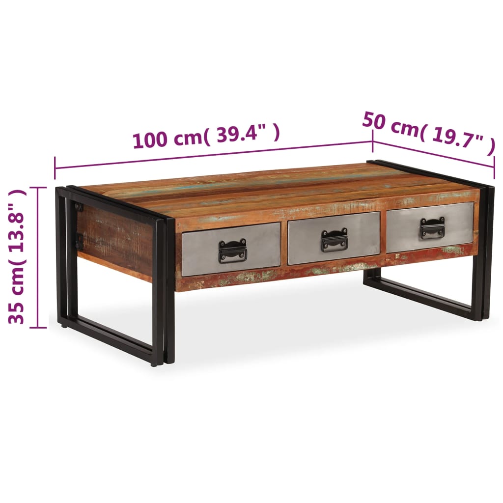 Salontafel met 3 lades 100x50x35 cm massief gerecycled hout is nu te koop bij PeponiXL, paradijselijk wonen!