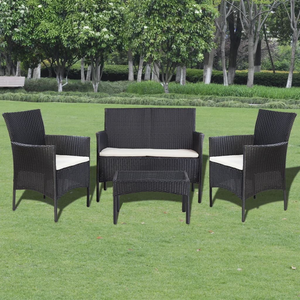 4-delige Loungeset met kussens poly rattan zwart is nu te koop bij PeponiXL, paradijselijk wonen!
