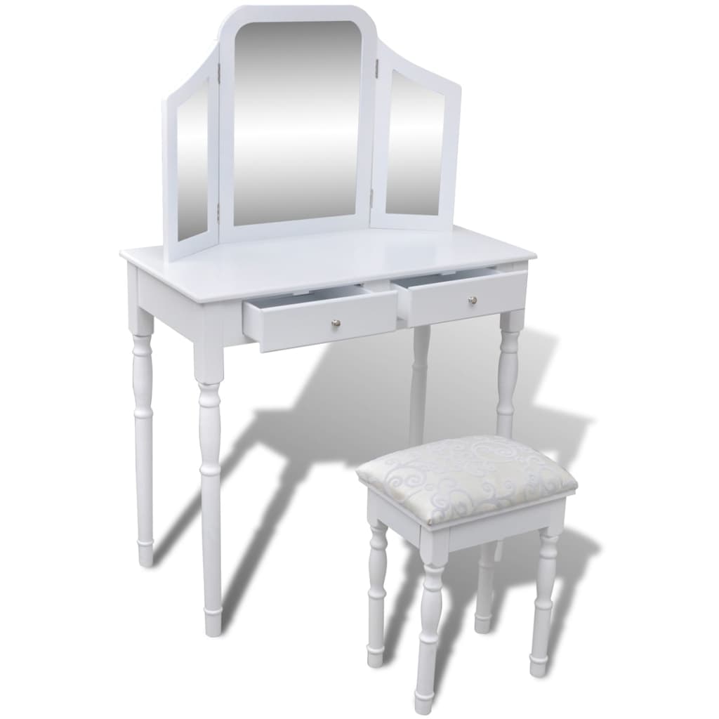 Kaptafel met 2 lades, 3-in-1 spiegel en krukje wit is nu te koop bij PeponiXL, paradijselijk wonen!