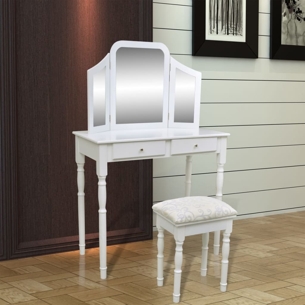 Kaptafel met 2 lades, 3-in-1 spiegel en krukje wit is nu te koop bij PeponiXL, paradijselijk wonen!