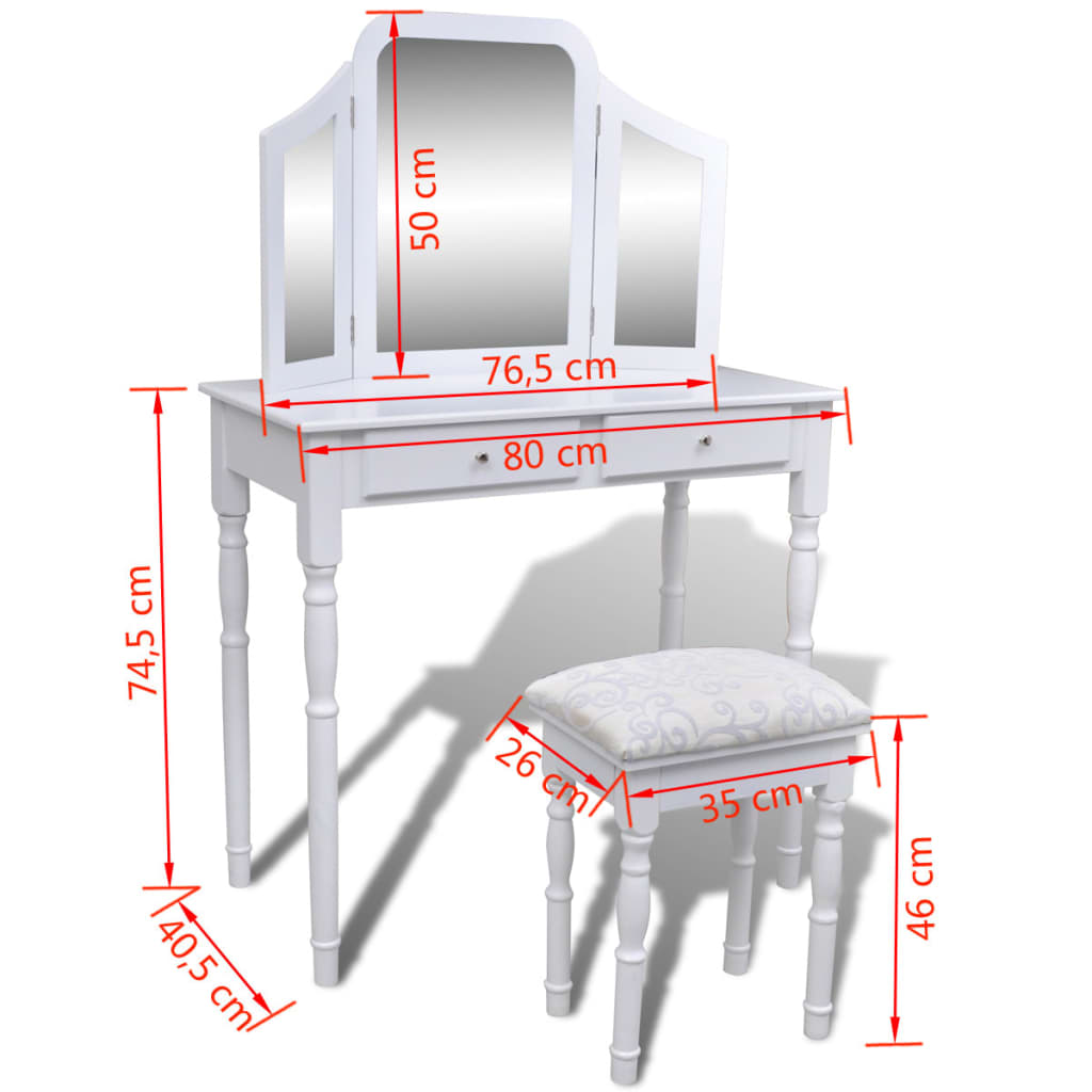 Kaptafel met 2 lades, 3-in-1 spiegel en krukje wit is nu te koop bij PeponiXL, paradijselijk wonen!