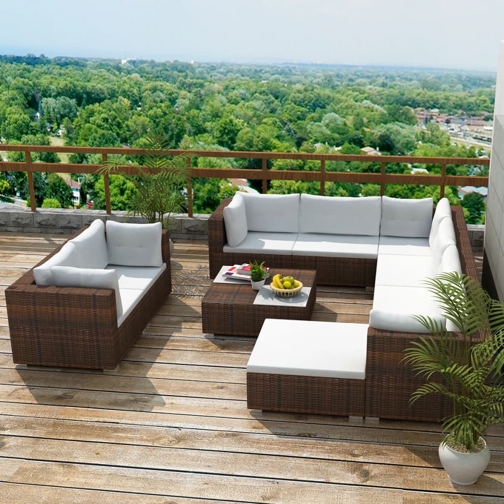 10-delige Loungeset met kussens poly rattan bruin is nu te koop bij PeponiXL, paradijselijk wonen!