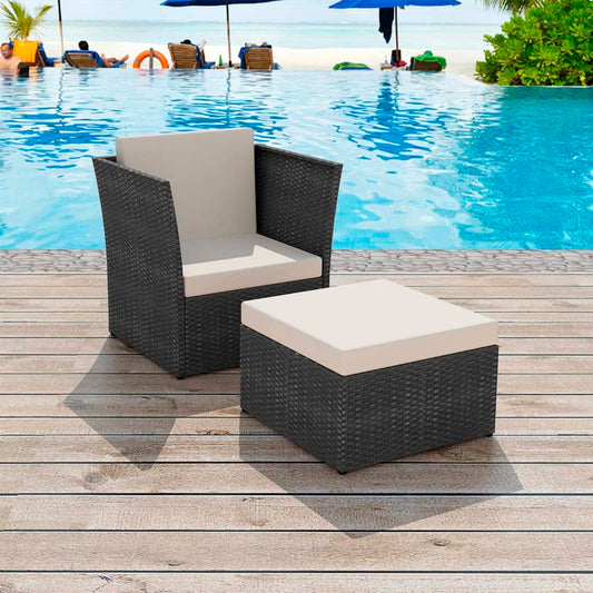 Tuinstoel met voetenbank poly rattan zwart is nu te koop bij PeponiXL, paradijselijk wonen!