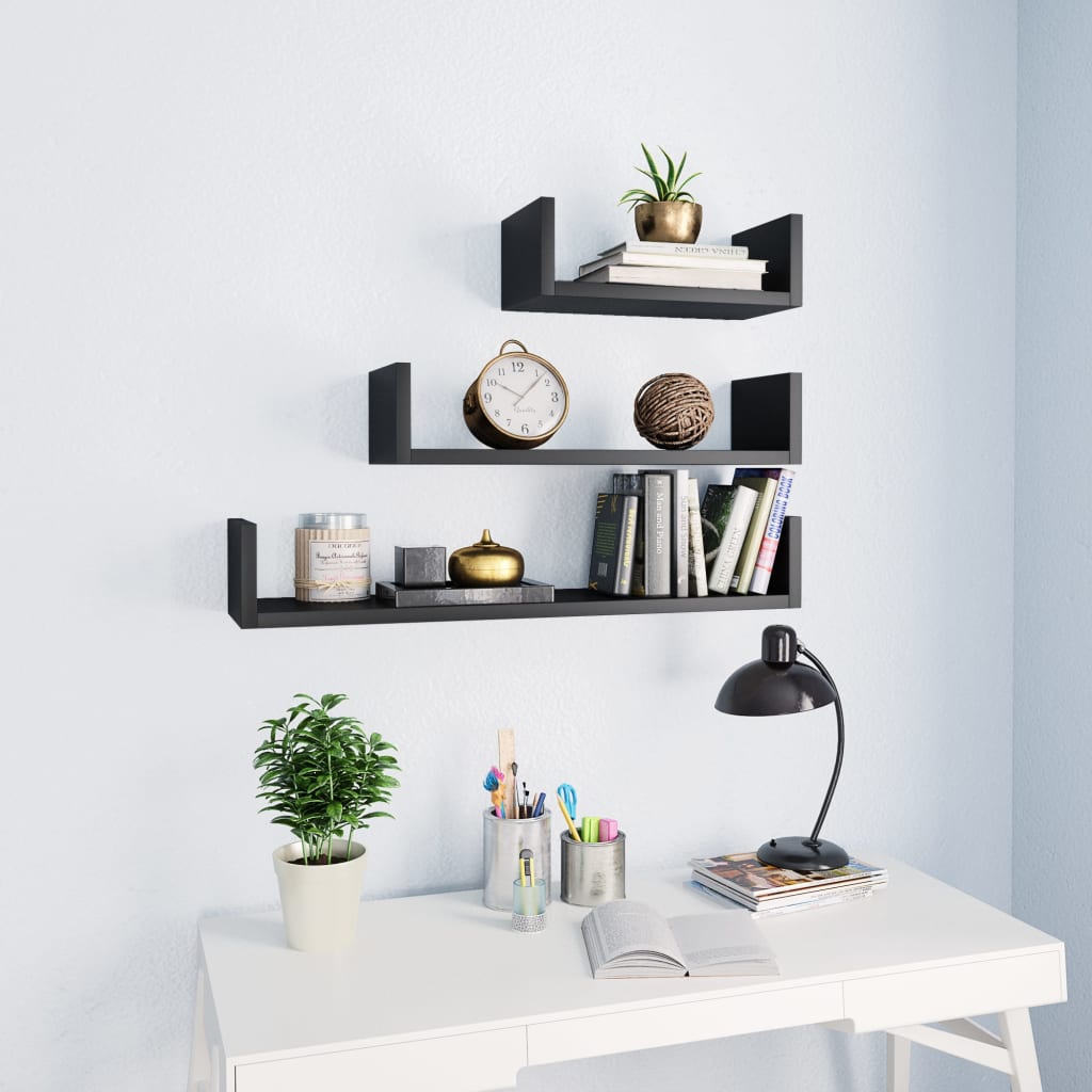Wandschappen 3 st bewerkt hout zwart is nu te koop bij PeponiXL, paradijselijk wonen!