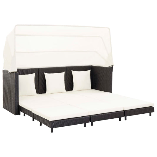 Slaapbank met luifel 3-zits verlengbaar poly rattan zwart is nu te koop bij PeponiXL, paradijselijk wonen!