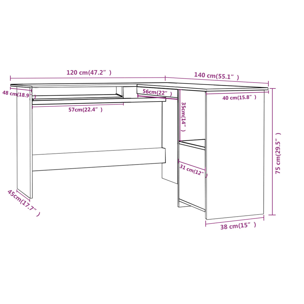 Hoekbureau L-vormig 120x140x75cm bewerkt hout sonoma eikenkleur is nu te koop bij PeponiXL, paradijselijk wonen!