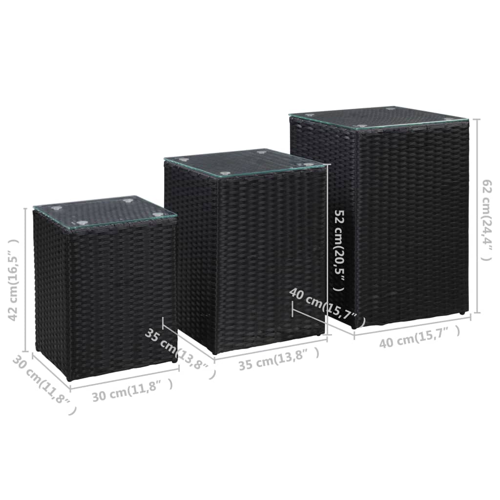 3-delige Bijzettafelset met glazen blad poly rattan zwart is nu te koop bij PeponiXL, paradijselijk wonen!