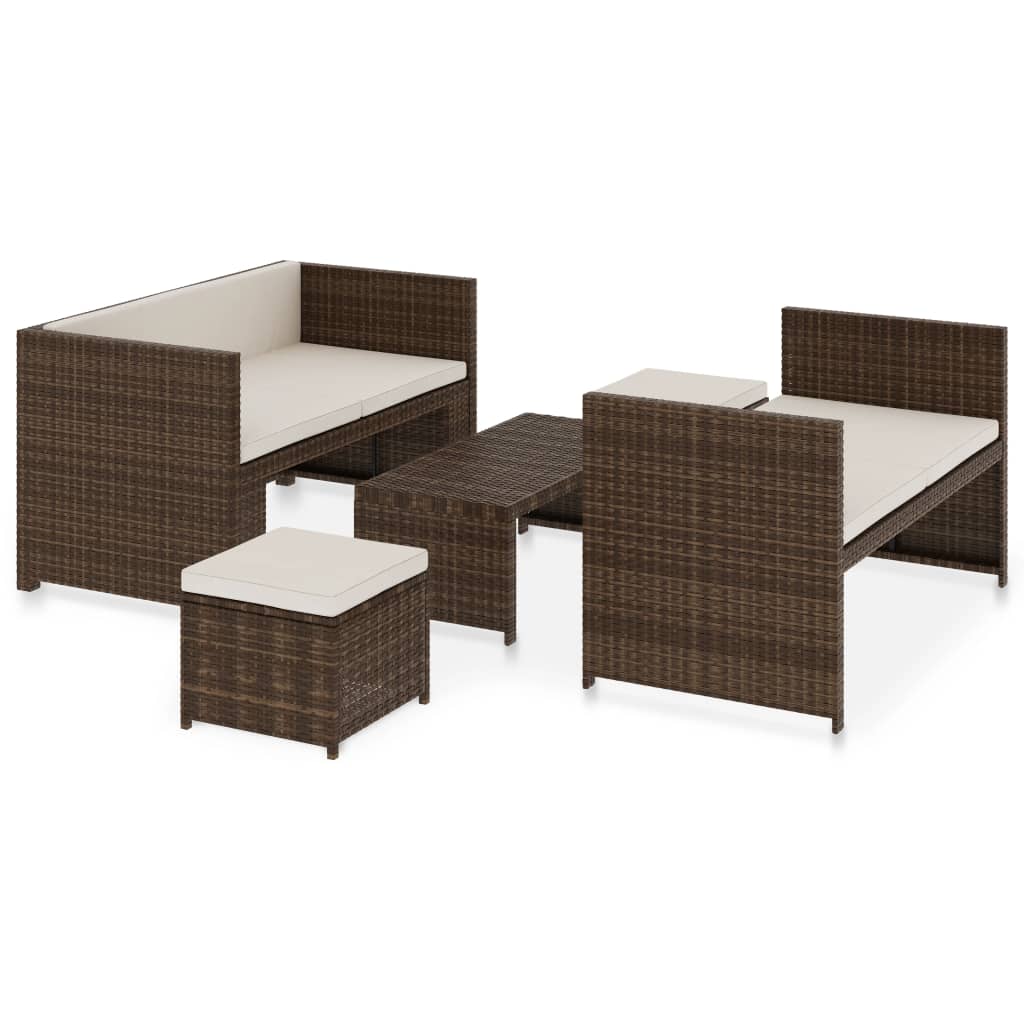 5-delige Loungeset met kussens poly rattan bruin is nu te koop bij PeponiXL, paradijselijk wonen!