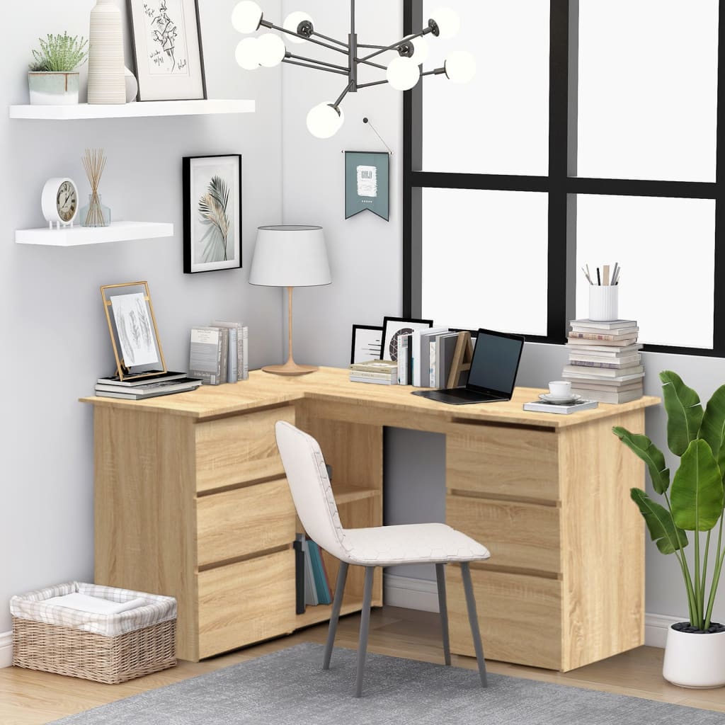 Hoekbureau 145x100x76 cm bewerkt hout sonoma eikenkleurig is nu te koop bij PeponiXL, paradijselijk wonen!