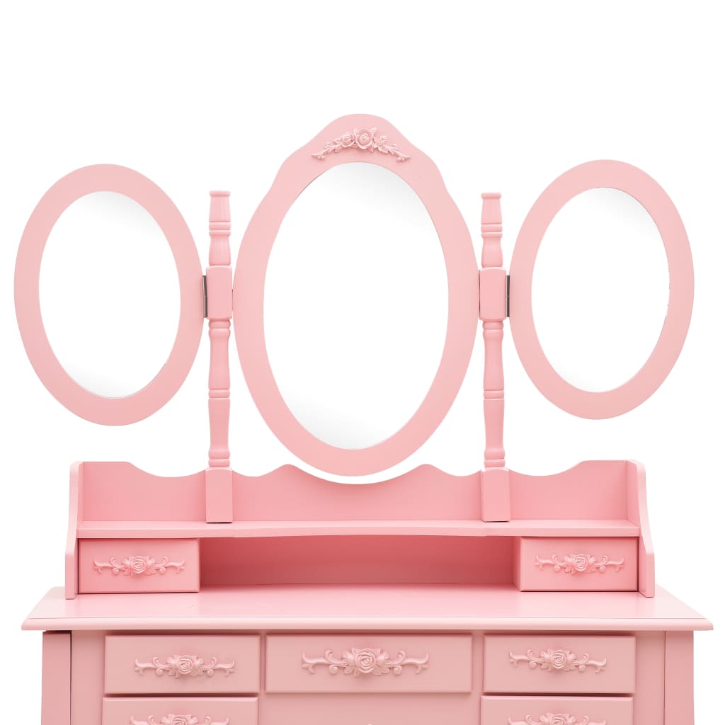 Kaptafel met kruk en drievoudige spiegel roze is nu te koop bij PeponiXL, paradijselijk wonen!