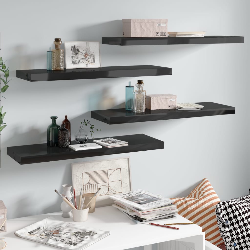 Wandschappen zwevend 4 st 80x23,5x3,8 cm MDF hoogglans zwart is nu te koop bij PeponiXL, paradijselijk wonen!