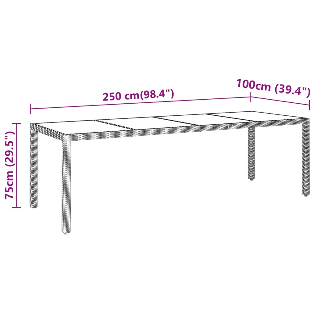 Tuintafel 250x100x75 cm gehard glas en poly rattan grijs is nu te koop bij PeponiXL, paradijselijk wonen!