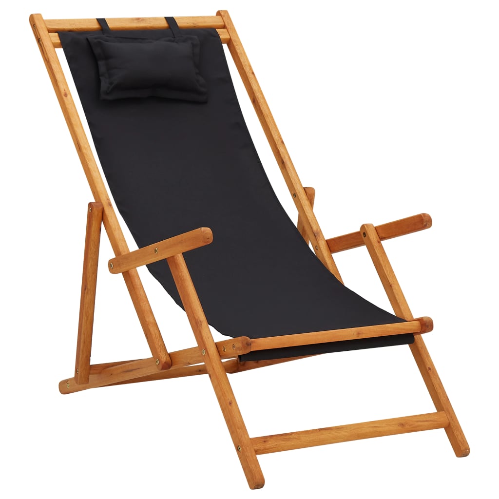 Strandstoel inklapbaar massief eucalyptushout en stof zwart is nu te koop bij PeponiXL, paradijselijk wonen!